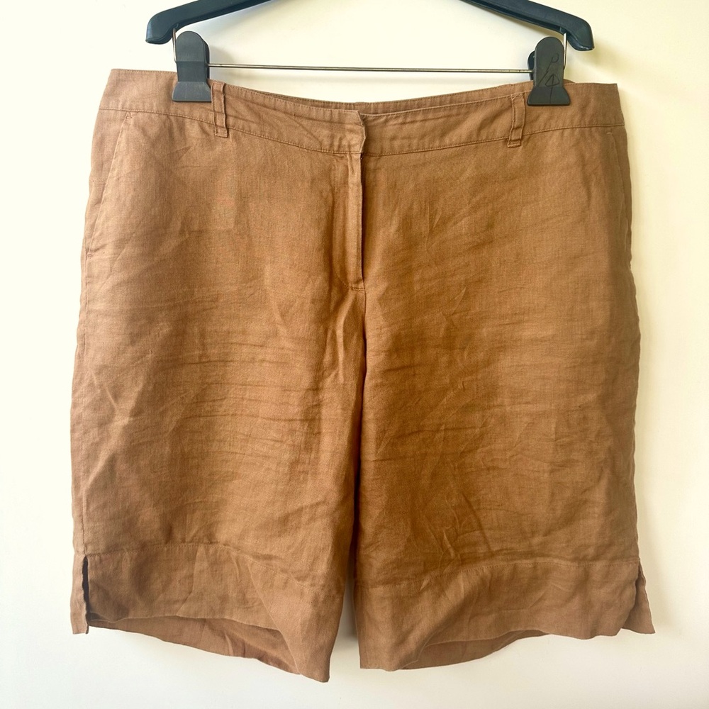 Tracy M 100% Linen Camel Tan Brown Linen Shorts, size 12